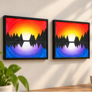 Set of two air frames on a wall with sunset artwork