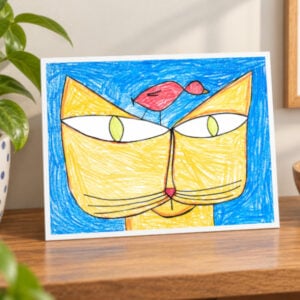 Cat artwork print on shelf