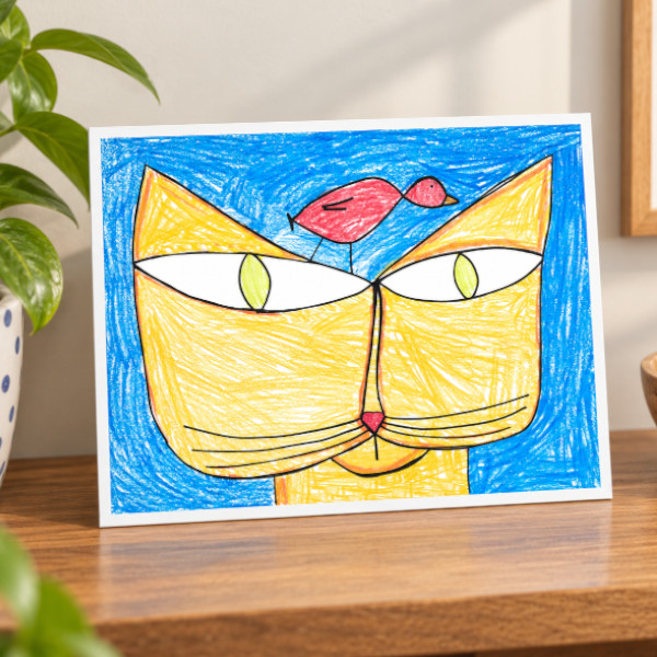 Cat artwork print on shelf