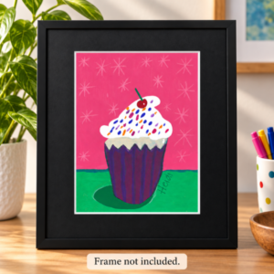 Black Matted print of cupcake artwork. Frame not included