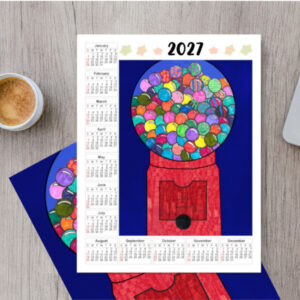 12 Month Calendar with gumball artwork on desk