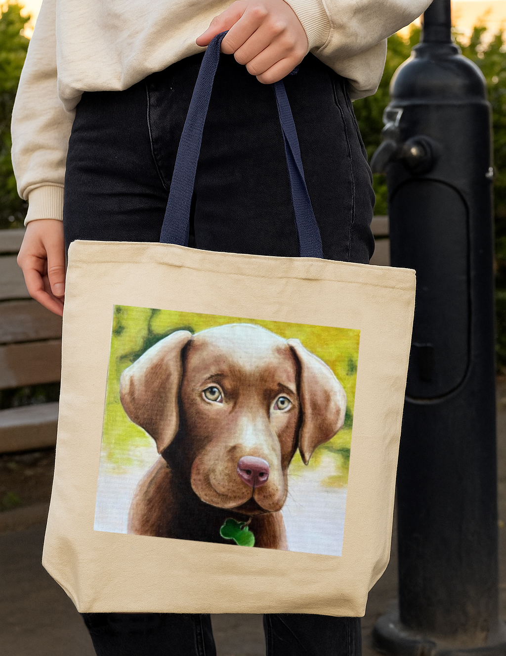 Original Works canvas tote bag with dog face artwork