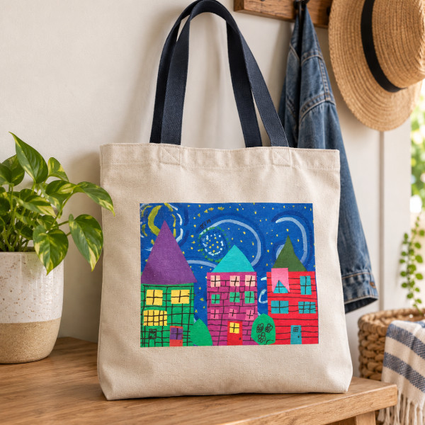 Canvas tote bag with dark colored straps and house artwork