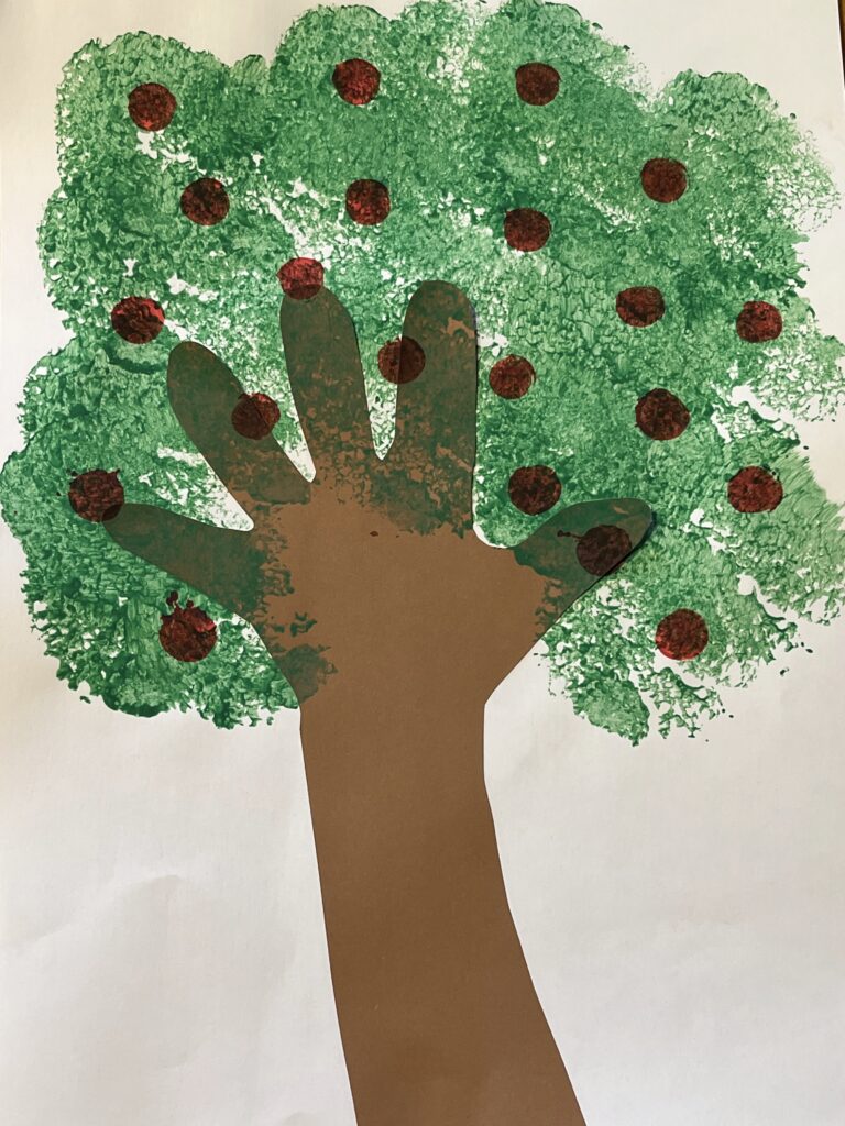 apple tree project made with traced hands, sponge paint and dot markers