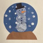 snow globe finger paint / sponge paint craft for kids featuring a white snowman in a blue snow globe