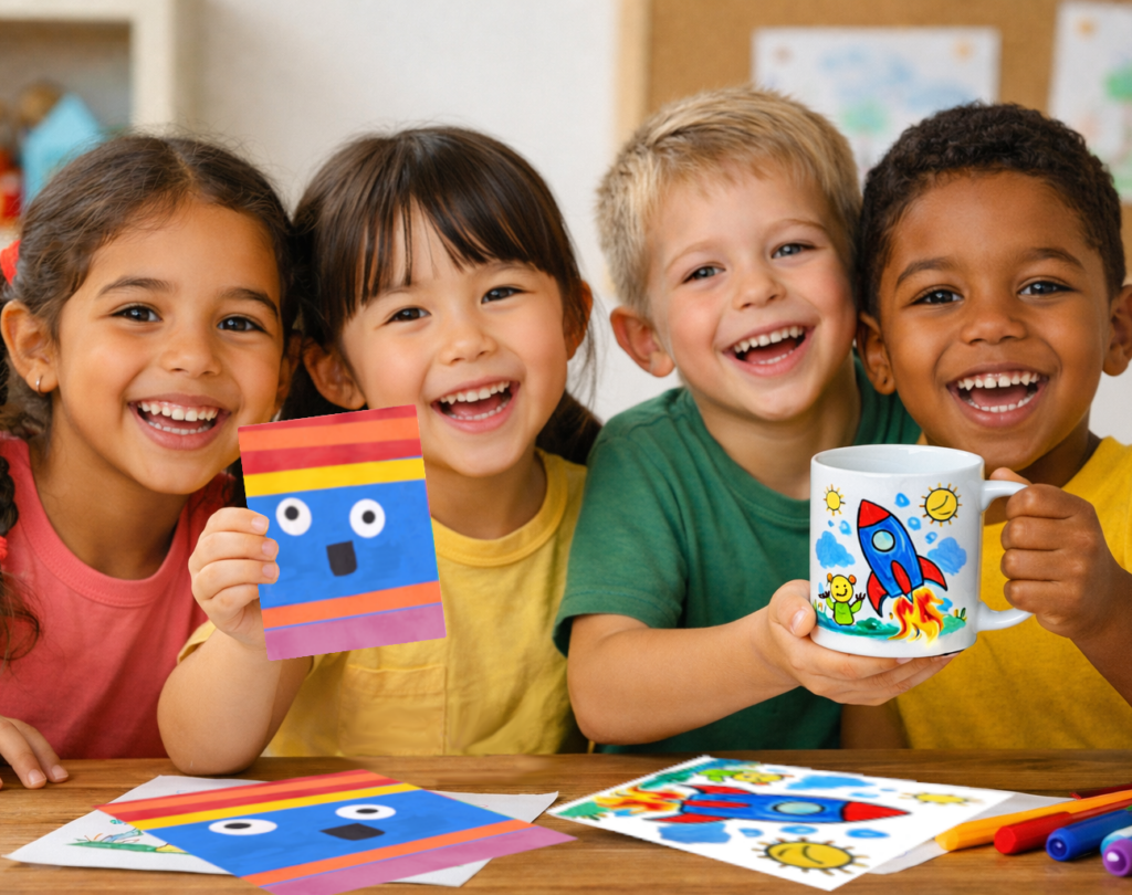 4 Young Kids smiling and showing their Original Works prodcuts and artwork