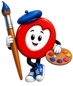 Red O mascot with paint brush and paint