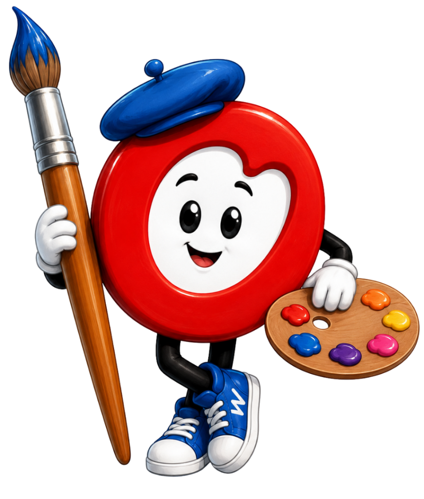 Red O mascot with paint brush and paint