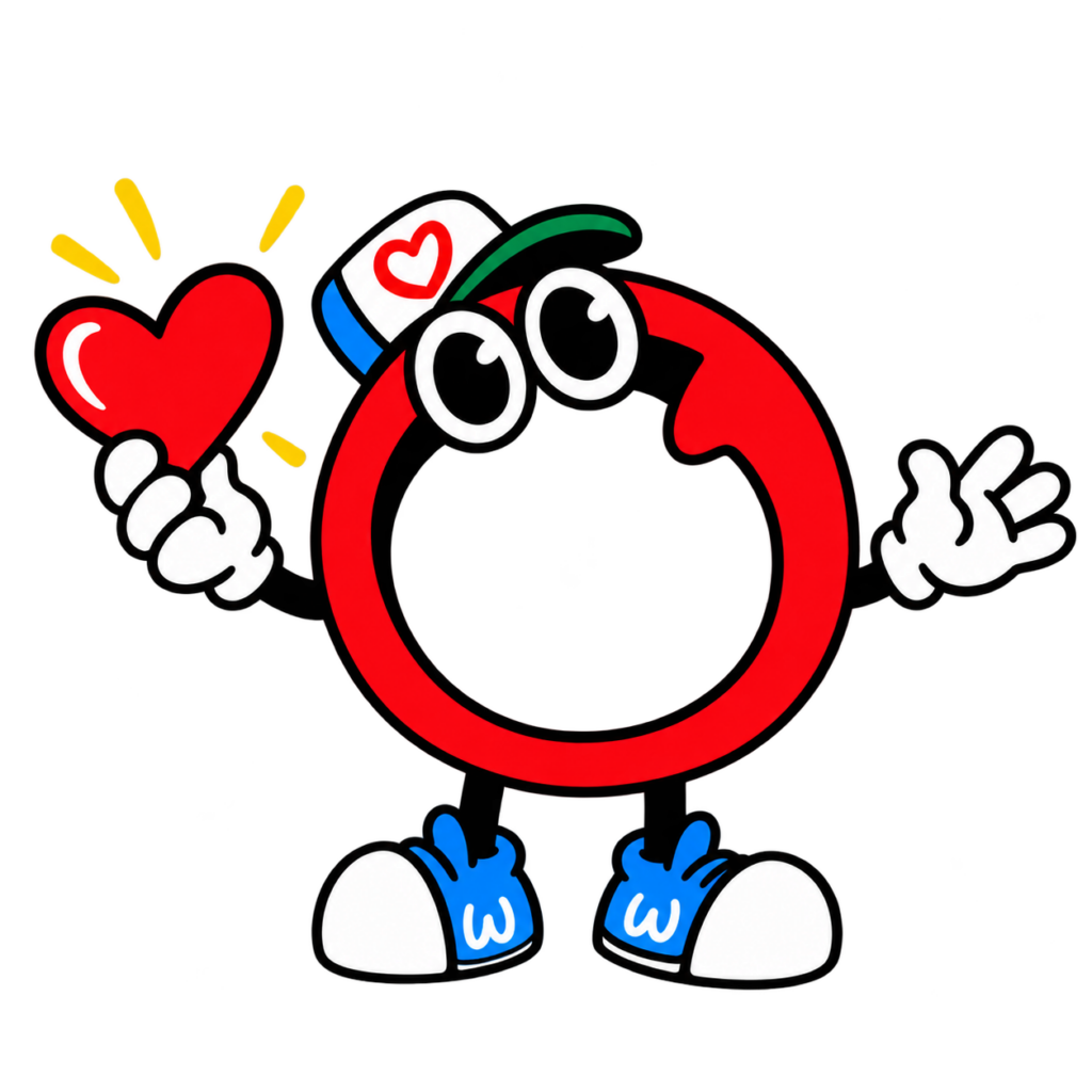 Owy Mascot holding a heart.