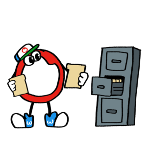 Owy mascot with file cabinet