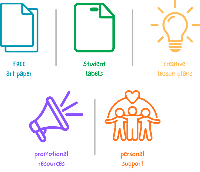 Free art paper, student labels, lesson plans, promotional items, support