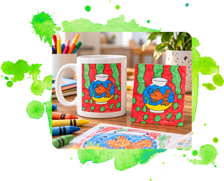 Our Products. Mug and magnet with the same fishbowl artwork on an art room table