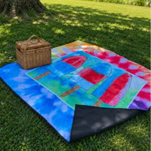 Picnic blanket with popsicle artwork in a park