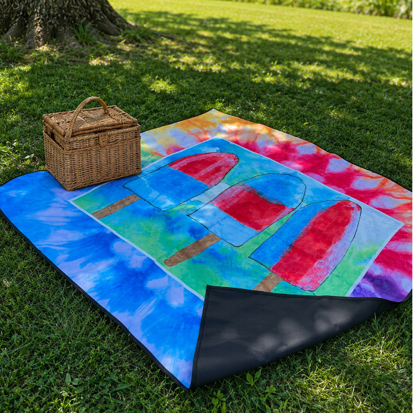 Picnic blanket with popsicle artwork in a park