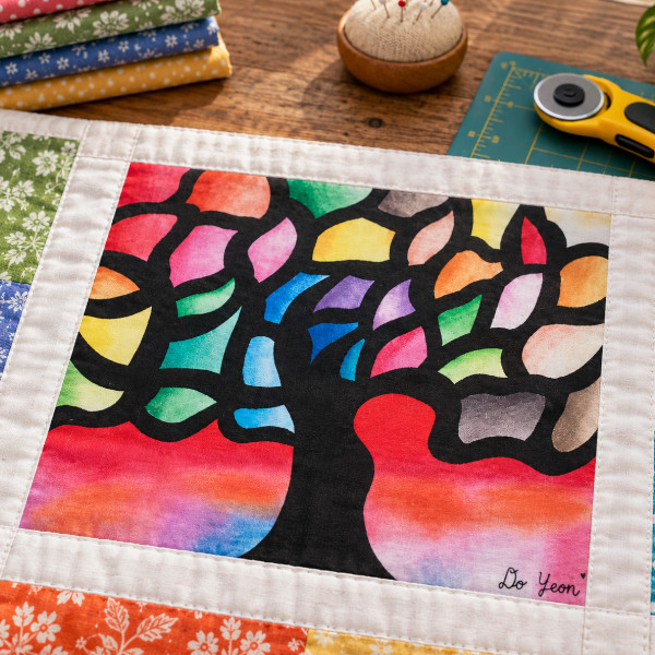 Quilt block with stained glass tree artwork