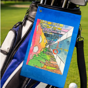 Golf Towel/Scrubber shown on golf bag