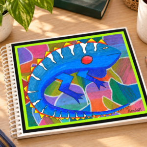 Sketchbook with colorful lizard artwork