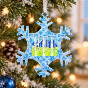 Snowflake Ornament with white birch tree artwork hanging in tree
