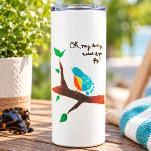 Travel tumbler with footprint bird artwork