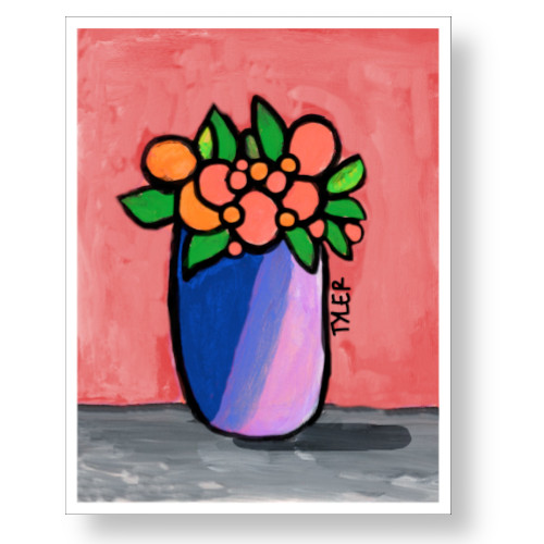 Flowers in vase on red and grey background