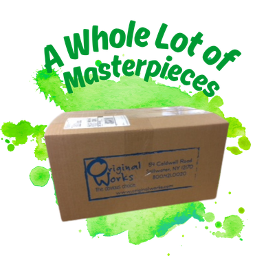 A whole lot of masterpieces. Cardboard shipping box with Original Works logo