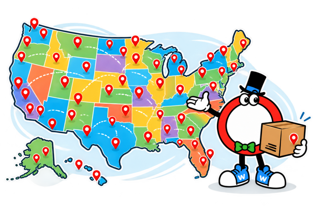 united states map and original works mascot to show shipping all over united states